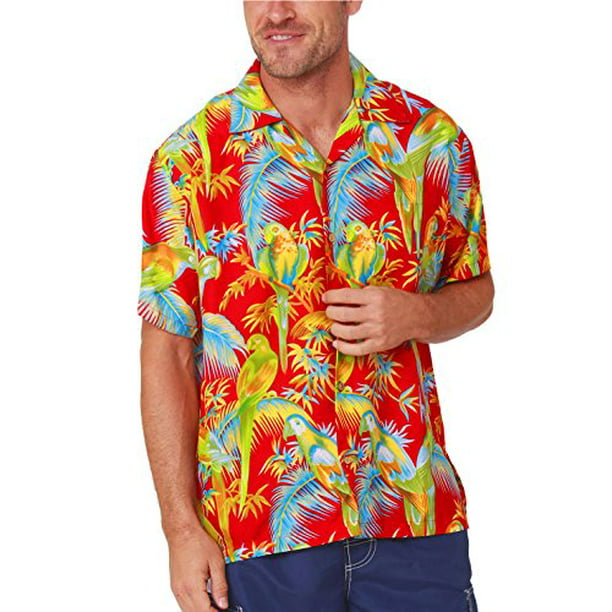 Men Casual Cotton Short Sleeve Print Hawaiian Button Down Aloha Shirt 